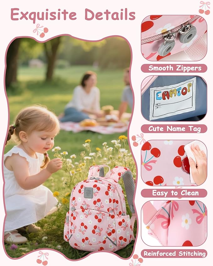 CAMTOP Toddler Backpack for Boys Girls 2-4, Kids Backpacks for Kindergarten Preschool, 12" H Small Bookbag for Daycare Travel (Cherry Pink, 12''- Not fit A4 folder)