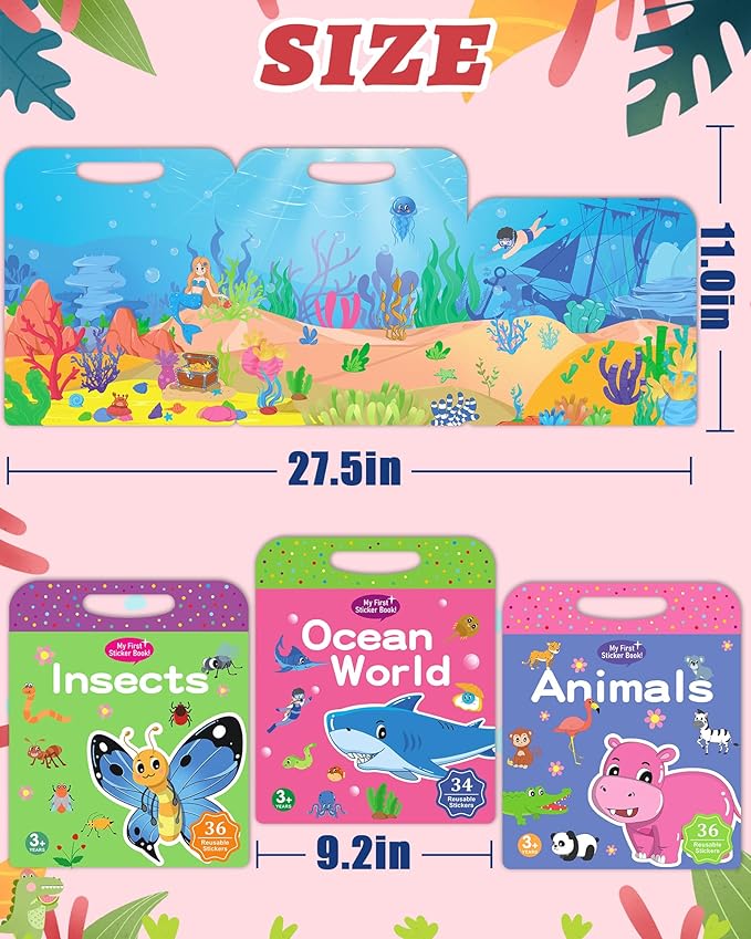 Benresive Reusable Sticker Books for Toddlers, 3 Sets Travel Stickers for Kids, Toddler Sticker Book, Crafts Activities for Toddlers, 3 and Up Birthday Gifts Travel Toys