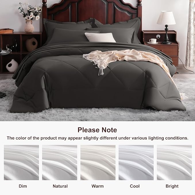 NTBAY King Comforter Set with Sheets, 7 Pieces Soft and Breathable King Bedding Set, Bed in a Bag, Down Alternative Comforter Set Solid Color All Season, King Bedding Set, Dark Grey