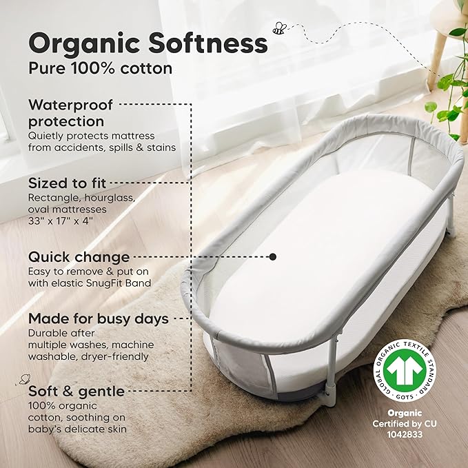 2-Pack Organic Bassinet Sheets for Girls, Boys - 100% Cotton Bassinet Mattress Sheets Compatible with Halo Bassinest Swivel Sleeper,Graco,Baby Delight,Chicco,Unisex Fitted Bassinet Sheets(Soft White)