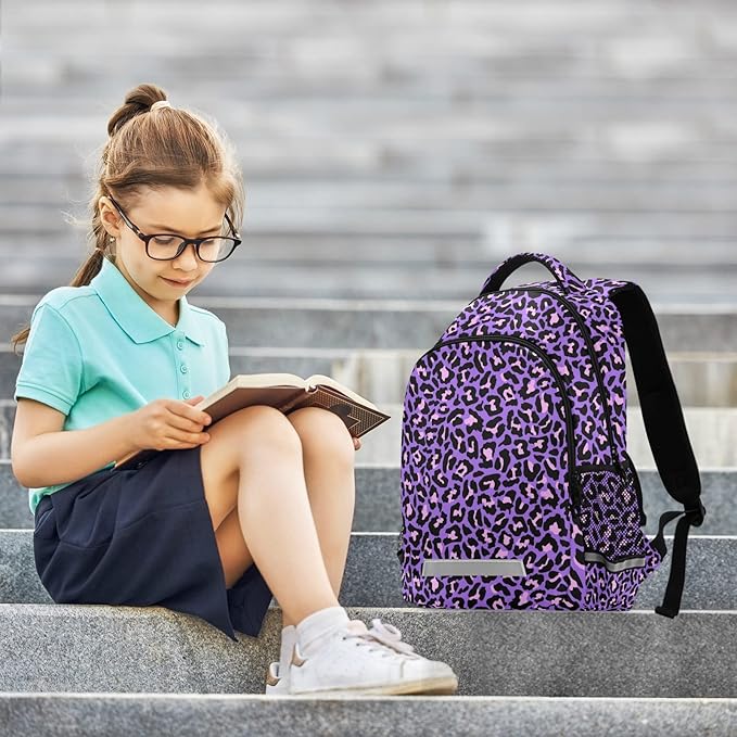 MNSRUU School Backpack with Chest Strap, Neon Purple And Pink Leopard Laptop Backpack, Travel Hiking Backpack for Boys Girls, Rucksack, Knapsack