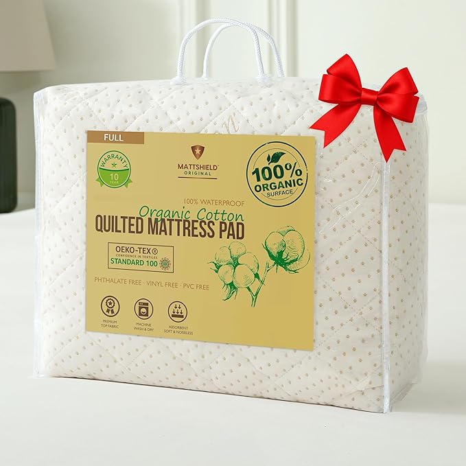 Luxury Quilted Organic Cotton Mattress Protector Full - 380 GSM Waterproof & Breathable Pad - Deep Pocket Fitted Cover - Soft & Silent Protection