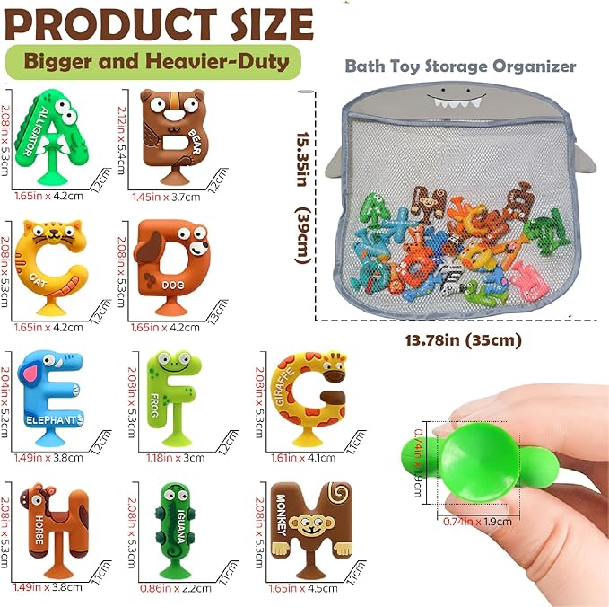 26PCS Suction Bath Toys Mold-Free | Bathtub Letters & Animal Sensory Toys with Shark Storage Organizer for Toddlers | Education Games | No Hole Silicone ABC Alphabet Learning Toys for Kids Ages 3-5