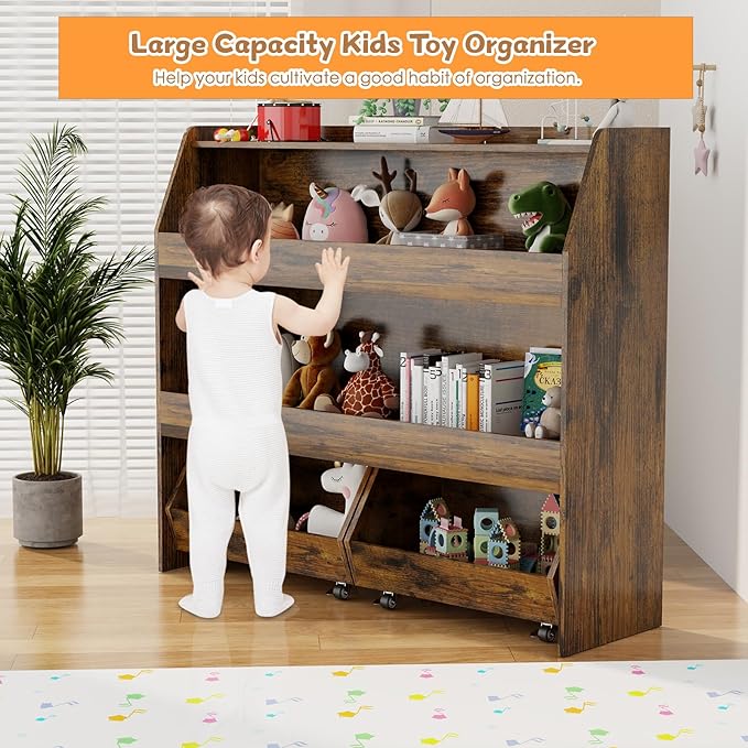 COZPAW Toy Storage Organizer, 3 Tier Montessori Shelf with Movable Bins, Toy Organizers Book Shelf for Kids Room, Playroom, Nursery (Brown)