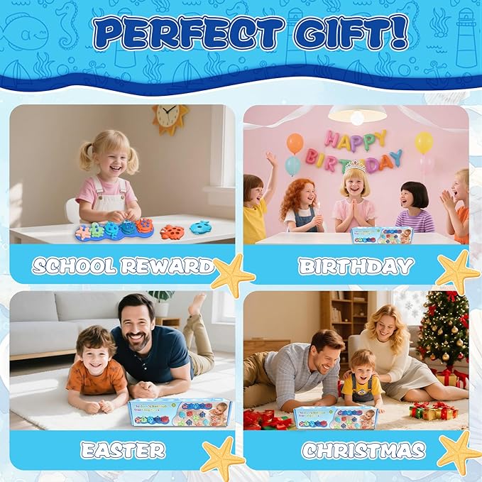 Baby Bath Toys, Premium Silicone Mold Free Ocean Animal Shape Sorting & Stacking Toddlers Bath Toys, No Hole Bathtub Floating Toys Gift for Boys Girls, Early Learning Sensory Water Toys, Bathtime Fun