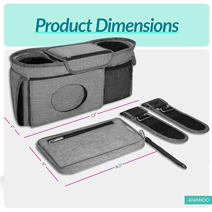 Swanoo Stroller Caddy Stroller Organizer With Cup Holder, Non Slip Straps Stroller Bag for Phone, Pet Stroller Accessories, Universal Fits Uppababby Vista v2 Wonderfold Wagon, Doona and More