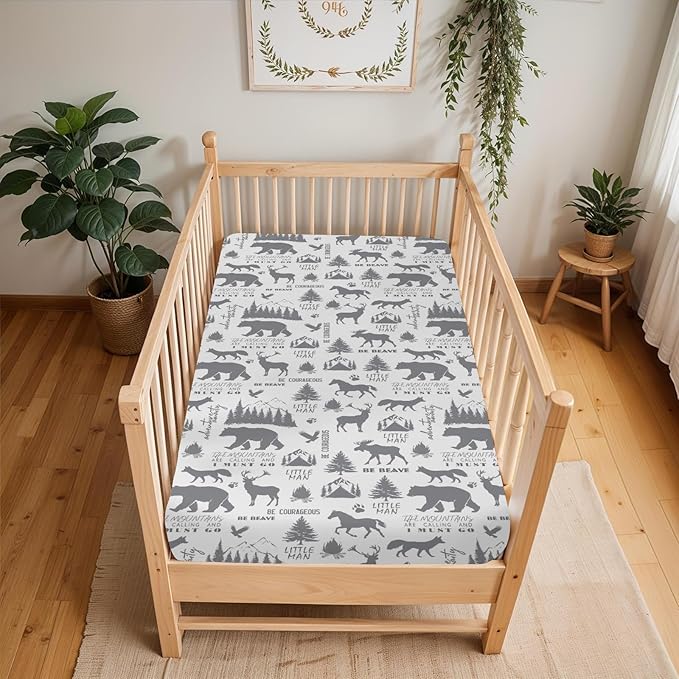 Gray Animals Baby Crib Sheets for Boy 52x28Inch Deer Bear Horse Trees Mountain Soft Stretchy Fitted Crib Mattress Cover Camping Adventure Baby Sheet for Standard Crib & Toddler Mattress