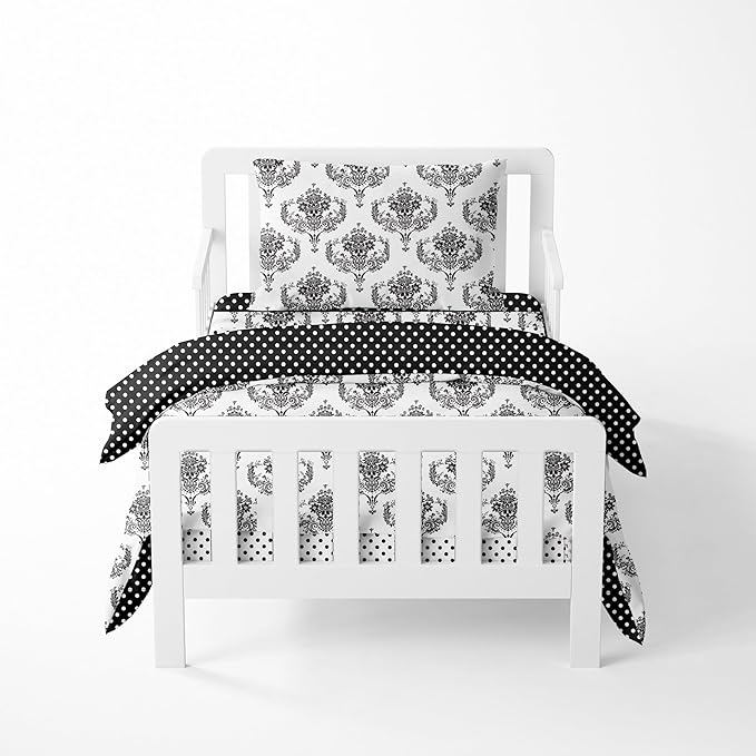 Bacati - Classic Damask Black/White 4 Pc Neutral dler Bedding Set 100 Percent Cotton Includes Reversible Comforter, Fitted Sheet, Top Sheet, and Pillow Case for Boys/Girls