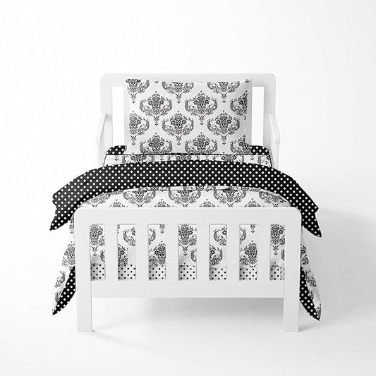 Bacati - Classic Damask Black/White 4 Pc Neutral dler Bedding Set 100 Percent Cotton Includes Reversible Comforter, Fitted Sheet, Top Sheet, and Pillow Case for Boys/Girls