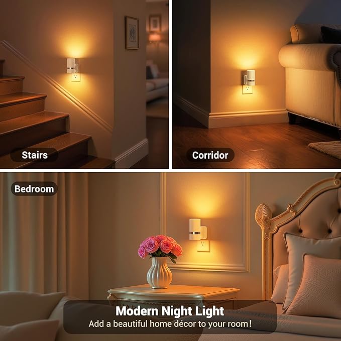 JandCase Night Lights Plug into Wall, Automatic Night Light with Dusk to Dawn, 2 Pack Amber 0-100LM Dimmable Plug in LED Nightlight for Bedroom, Hallway, Stairs