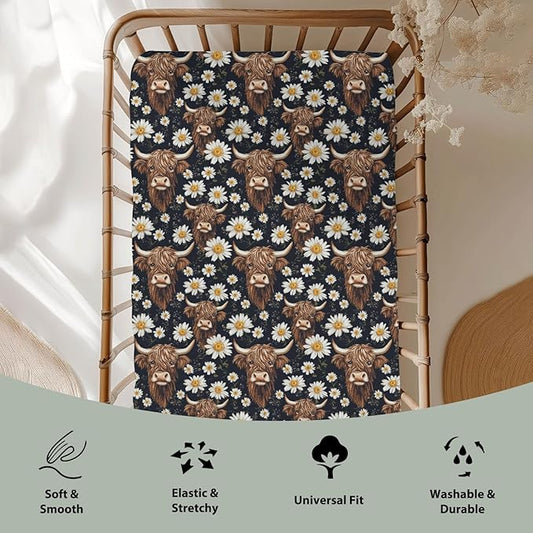 Vintage Highland Cows Daisy Baby Crib Sheets for Boy Girl 52x28Inch Retro Highland Yak Boho Floral Soft Stretchy Fitted Crib Mattress Cover Farm Baby Sheet for Standard Crib and Toddler Bed Mattress