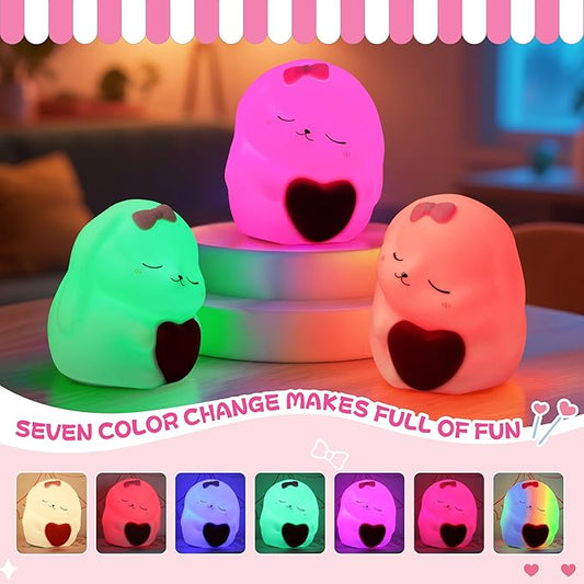 loatme Night Light for Kids, Rechargeable Dimmable Silicone LED Nightlight with 7 Colors, Baby Nursery Night Lamp, Touch Squishy Lamp, Cute Gifts for Girls, Boys, Toddler Room Decor, Rabbit