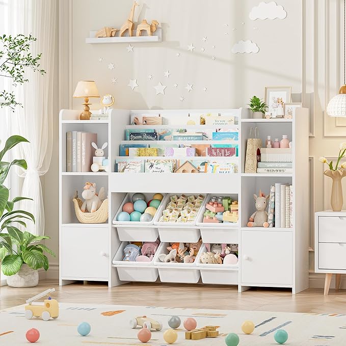 FINETONES Toy Storage Organizer with 6 Toy Bins, Toy Organizer Kids Bookshelf with 6 Cubbies, Toy Organizers and Storage Bins Playroom Storage for Kids Room, White