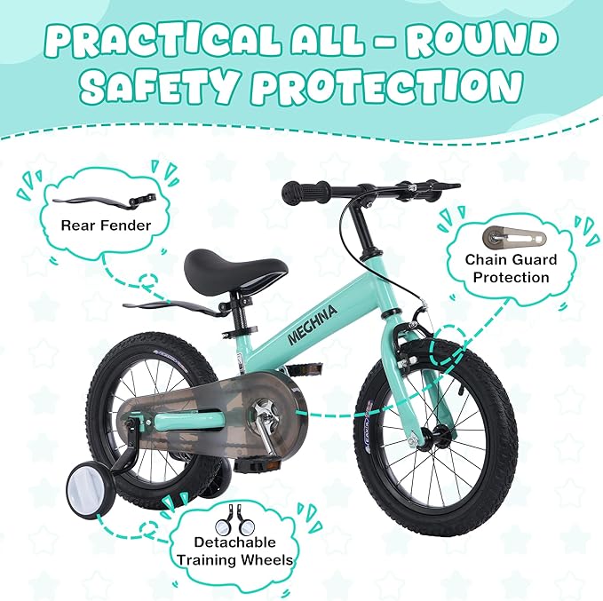 MEGHNA 2 in 1 Toddler Balance Bike 14 inch Wheel Kids Bike Aged 3-7 Years Old with Footrest Detachable Training Wheels Caliper and Coaster Brake Strider Bike for Boys Girls, Easy to Assembly