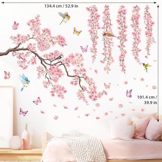 DECOWALL SG3-2320 Cherry Blossom Flower Wall Stickers Decals Branches Birds Butterflies Art Bedroom Floral Flower Girls Home Kids Living Nursery Pink Room Tree Nursery décor Baby
