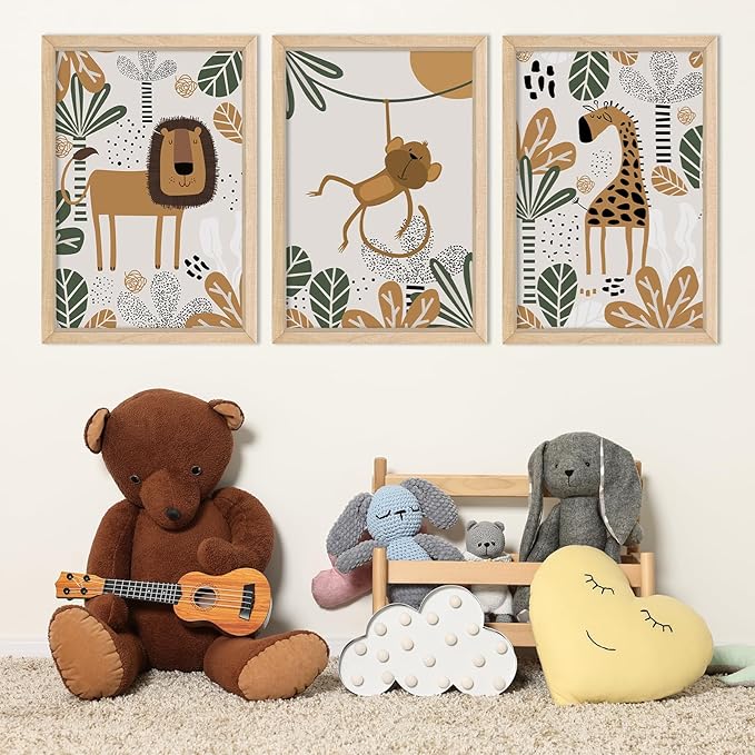 YWJKWLGS Kids Safari Animal Wall Art Set of 3 - Cartoon Lion Monkey Giraffe Prints - 11x16 inch Wood Framed Nursery Decor for Baby/Toddler Room - Boho Jungle Theme Kids Room Wall Decor (Wood)
