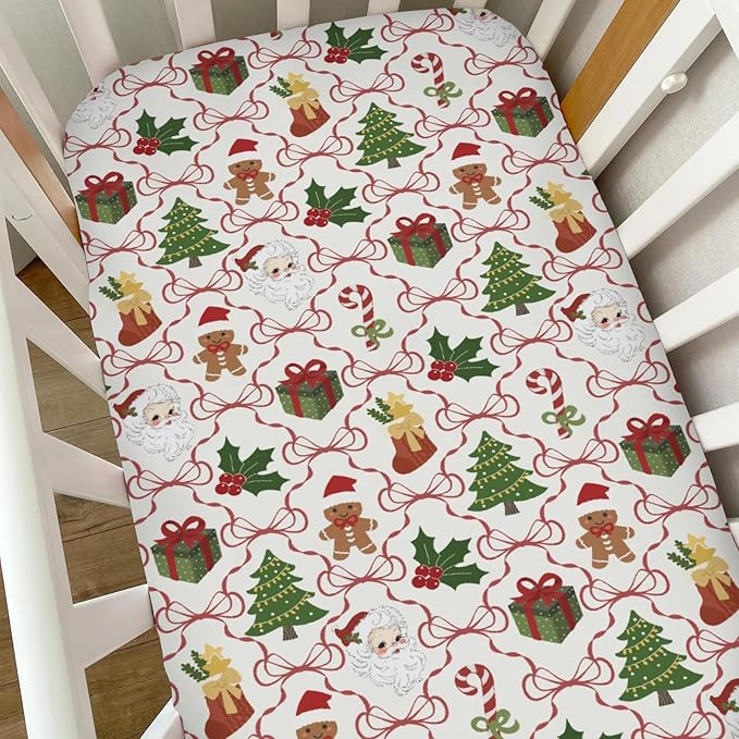 Santa Christmas Bows Baby Crib Sheets for Boy Girl Retro Christmas Trees Stockings Fir Gifts Soft Snug Fitted Crib Mattress Covers for 52x28 Standard Crib & Toddler Mattress Winter Baby Sheets