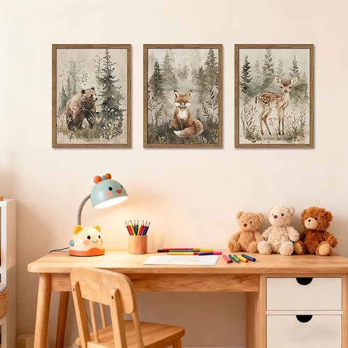 Framed Woodland Wall Art Nursery Decor Set of 3, Cute Wild Animals Bear Fox Deer Canvas Wall Art, Nature Watercolor Prints, Animal Pictures Wall Decor for Baby Room Kids Bedroom – 12x16 inch