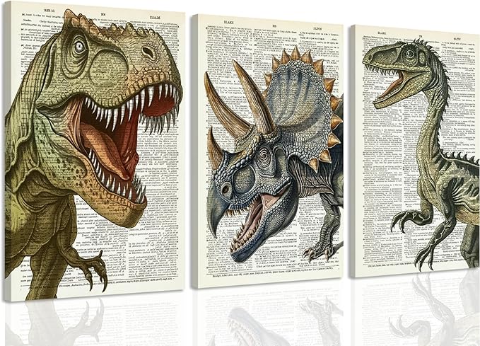 Ovczax 3 Pieces Dinosaur Canvas Wall Art - Tyrannosaurus Rex, Triceratops, Velociraptor Decor For Kids Room Game Room, Living Room, Bedroom 24" x 16"