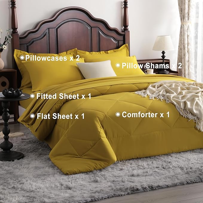 NTBAY Queen Comforter Set with Sheets, 7 Pieces Soft and Breathable Queen Bedding Set, Bed in a Bag, Down Alternative Comforter Set Solid Color All Season, Queen Bedding Set, Yellow