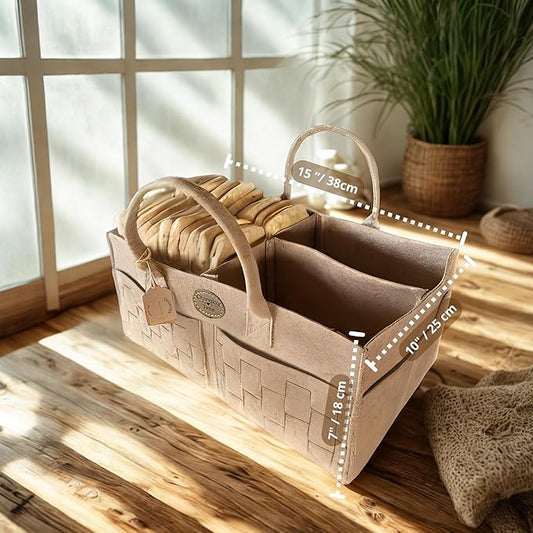 QGENUBA Baby Diaper Caddy Organizer for Nursery – Large Felt Storage Basket for Baby Essentials, Wipes & Diapers – Portable Nursery Organizer Bin for Changing Table or Living Room Beige
