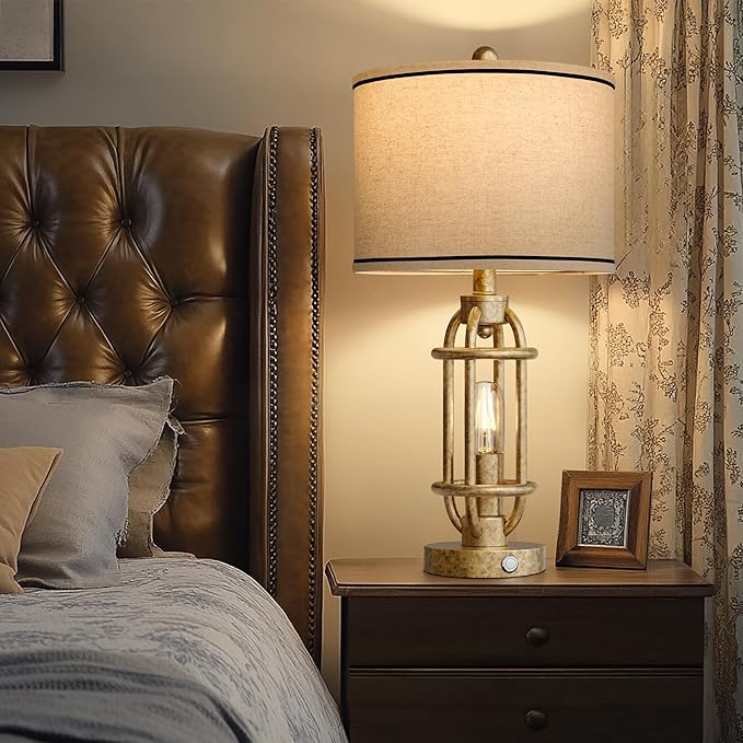 G-SAFAVA 23.75'' Table Lamps Set of 2 for Living Room Bedroom Industrial Farmhouse Metal Touch Lamps with USB A+C Ports, Night Light Vintage Nightstand Bedside Lamp, Bulbs Included, Champagne Gold