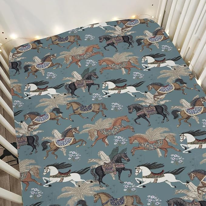Vintage Horses Baby Crib Sheets for Boy Girl 52x28Inch Retro Arabian Horses Palm Trees Soft Stretchy Fitted Crib Mattress Covers Horse Lovers Baby Sheet Fits Crib and Toddler Bed Mattresses Blue