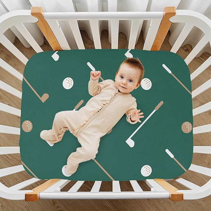 Golf Sports Pattern Green Crib Sheets Soft Breathable Fitted Baby Crib Sheets Mattress Cover for Girls Boy, 52" x 28" x 9"