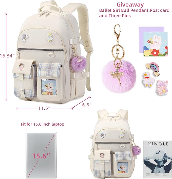 KIDNUO Backpack for Girls, 15.6 Inch Laptop School Bag Kids Kindergarten Elementary College Backpacks Large Bookbags for Teen Girl Women Students Casual Travel Daypacks (Beige)