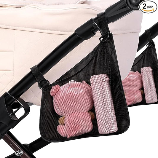 Elfzone Stroller Side Bag - Bike/Stroller Organizer, Hook & Loop Easy Attach - Mesh Design, Non-Slip Straps, mom Cozy Stroller Organizer, Stroller Accessories, Black (BLACK 2PCS)