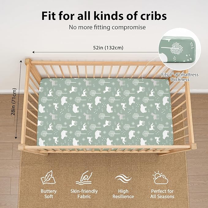 Baby Crib Sheets for Boys and Girls, 3 Pack Fitted Crib Sheets Neutral for 52”x28” Standard Crib and Toddler Mattresses, Ultra Soft & Silky Smooth Microfiber Green Forest Bear