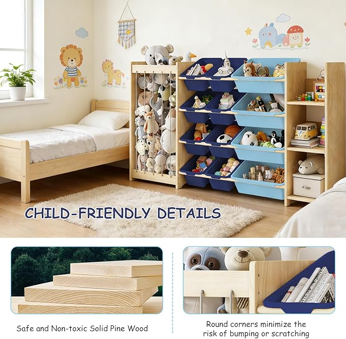 EXPERLAM 3-in-1 Toy Storage Organizer, Stuffed Animal Holder & 3-Tier Bookcase, Solid Wood Toy Organizer with 12 Storage Bins, Space-Saving Toy & Book Shelf for Kids Rooms, Bedroom, Playroom, Blue