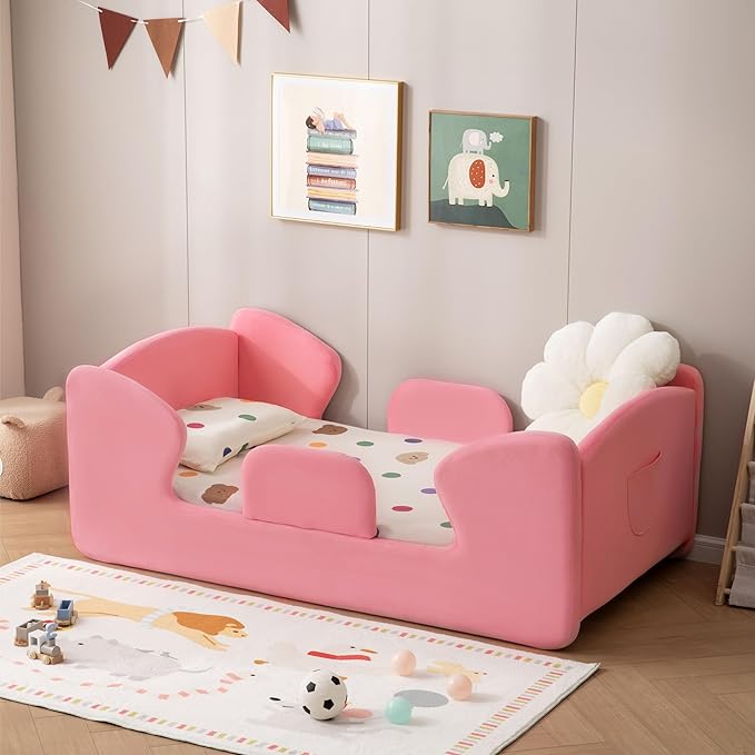 Toddler Floor Bed Frame with Removable Safety Rails and Storage Bag, Kids Bed for Girl and Boys, Standard Crib Size Portable Beds, Safety Upholstered Child Beds, Low to Floor Design
