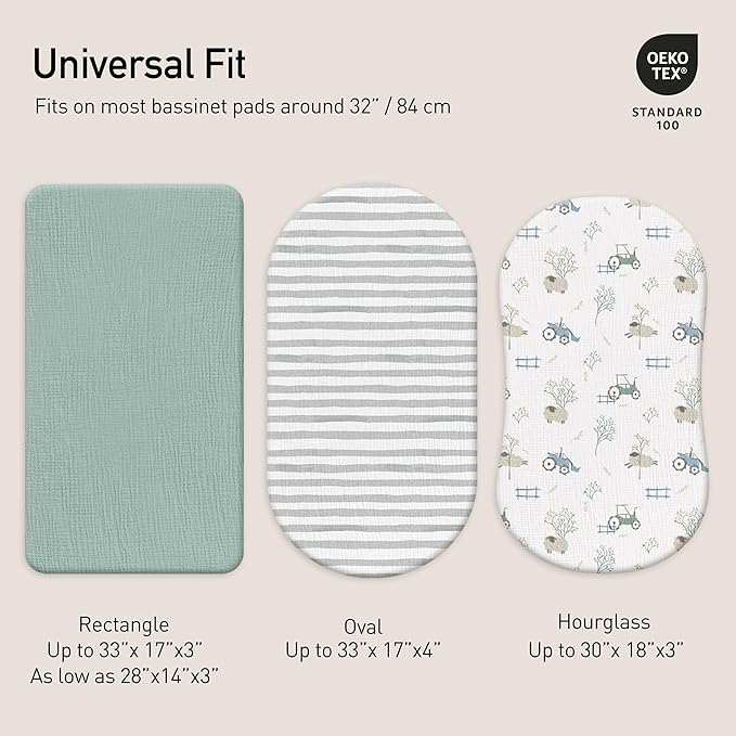 Gllquen Baby Muslin Bassinet Sheets 3 Pack, Breathable Elastic Cozy Fitted Cotton Bassinet Mattress Sheet for Baby Boy Girls, Fit for Hourglass Oval Rectangular Cradle Pad Sheets 33"x17" (Car)