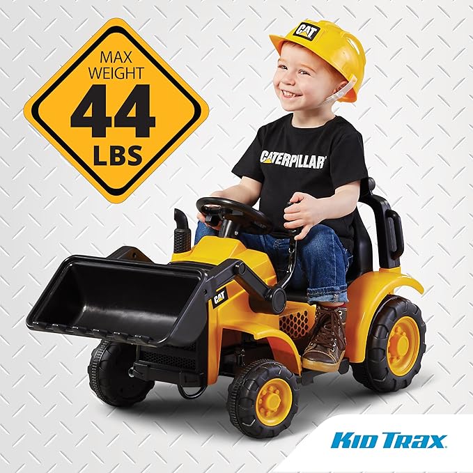 Kid Trax 6V CAT Frontloader Ride-On Toy for Kids, Ages 18-36 Months, Max Weight 44 lbs, Easy Push Button Drive System and Pull Front Bucket Lever, Includes Toy Hard Hat