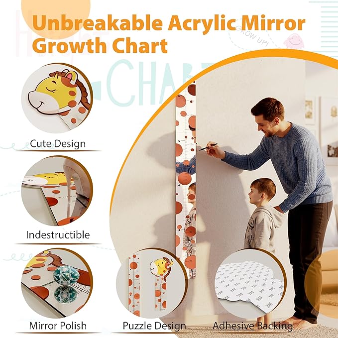 EVTHSU Height Chart for Kids, Giraffe Growth Chart for Wall, Puzzle Height Measurement Board for Boys, Girls, Toddler, Acrylic Mirror High Measuring Ruler Room Wall Decor - Silver