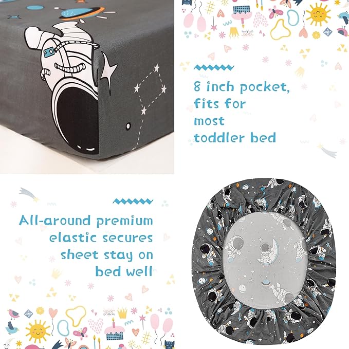 JSD Grey Astronaut Toddler Bedding Set, 4 Piece Space Theme Bed-in-a-Bag Comforter Sheet Set, Machine Washable