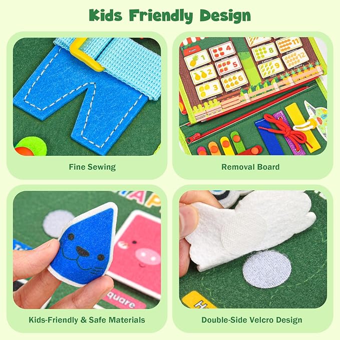 Busy Board Montessori Toys for 4 Years Old, Busy Books for Toddlers, Sensory Board Quiet Book Educational Activity Book for Toddlers 4-5, Toddler Travel Toys for Plane Car, Gifts for Boys Girl (Green)