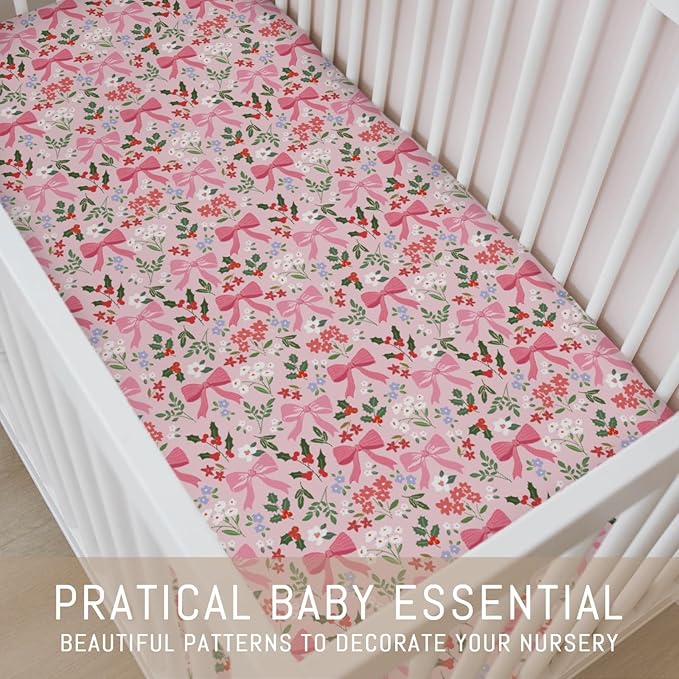 Preppy Pastel Floral Bows Baby Crib Sheets Pink Girly Floral Bows Soft Snug Fitted Crib Mattress Covers for 52''x28'' Standard Crib & Toddler Mattress Christmas Flowers Cherry Fir Leaves Bed Sheets