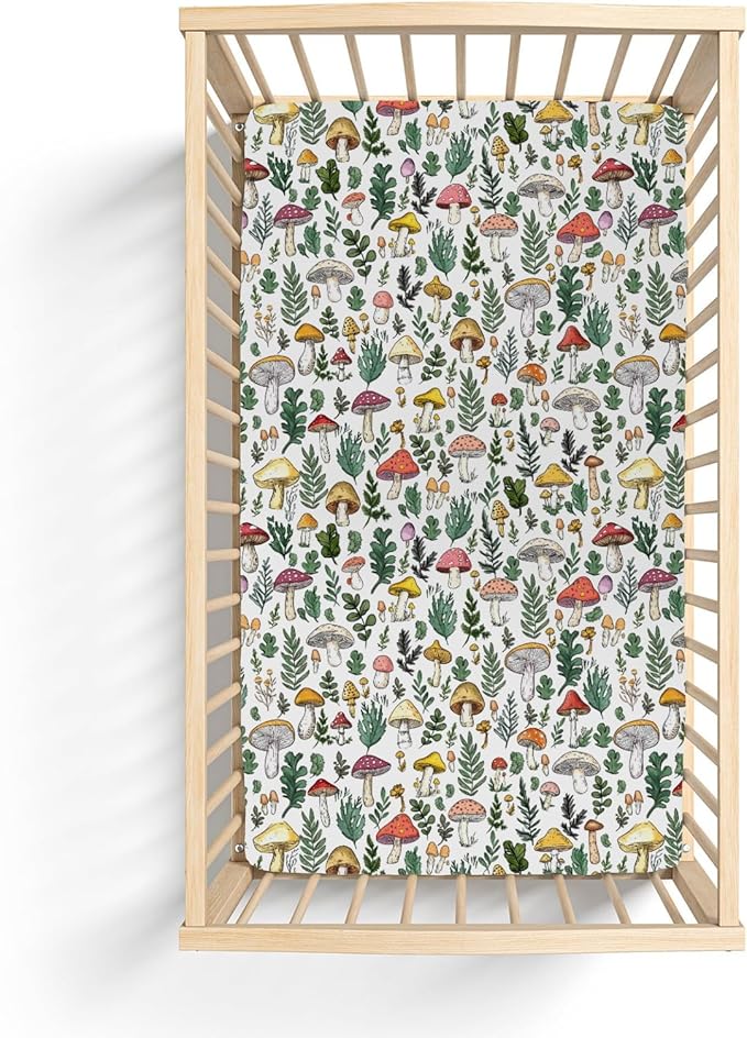 Colorful Mushrooms Green Leaves Baby Crib Sheets for Boy Girl 28"x52" Fall Mushroom Soft Stretchy Fitted Crib Mattress Cover Autumn Baby Sheet for Standard Crib & Toddler Mattress Pad