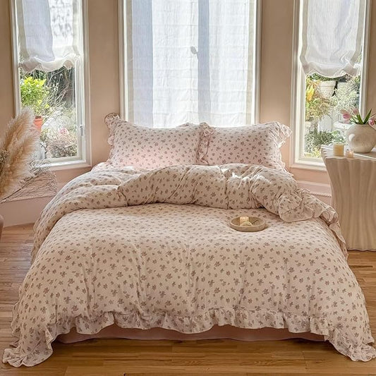 BuLuTu Chic Shabby Tuberose Floral Duvet Cover Queen, Double-Layer Cotton Muslin Comforter Cover Kids Teens Bedding Ruffles Quilt Covers for All Seasons, 90"x90", Zipper Closure, No Pillow