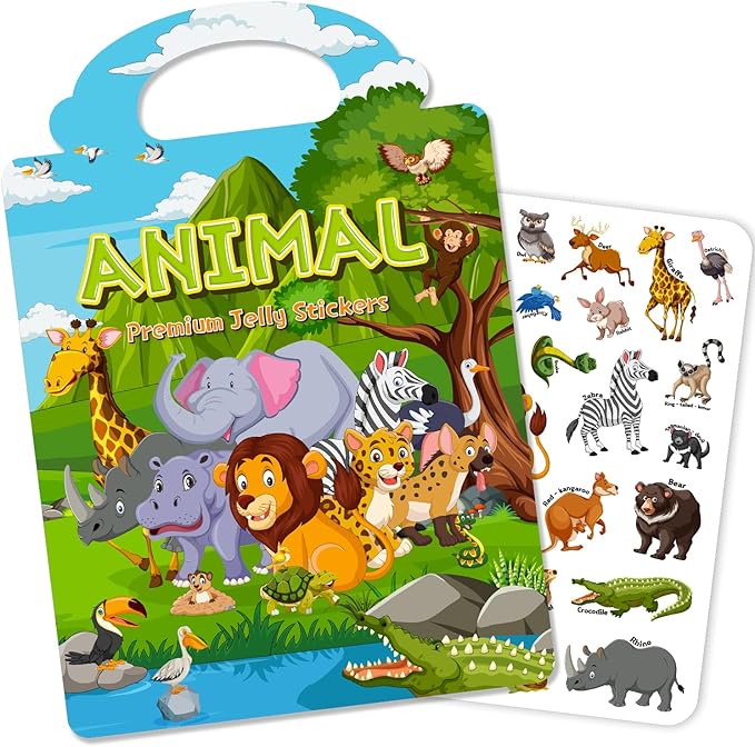 Reusable Sticker Book for Toddlers 3-6, Jelly Stickers for Kids, Sticker Activity Book Travel Toys for Road Trip, Car & Airplane, Educational Learning Gifts for Boys and Girls Ages (Animals Theme)
