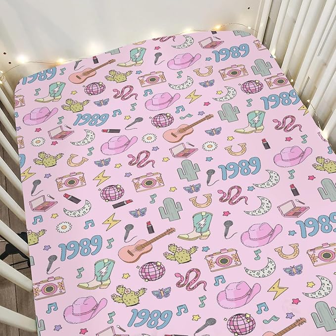 Cute Music Star Era Western Baby Crib Sheets for Boy Girl 52"x28" Desert Country Cactus Moon Soft Stretchy Fitted Crib Mattress Covers 90s Cowgirl Disco Baby Sheet for Crib and Toddler Bed Mattress