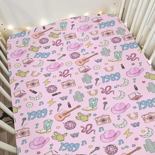Cute Music Star Era Western Baby Crib Sheets for Boy Girl 52"x28" Desert Country Cactus Moon Soft Stretchy Fitted Crib Mattress Covers 90s Cowgirl Disco Baby Sheet for Crib and Toddler Bed Mattress
