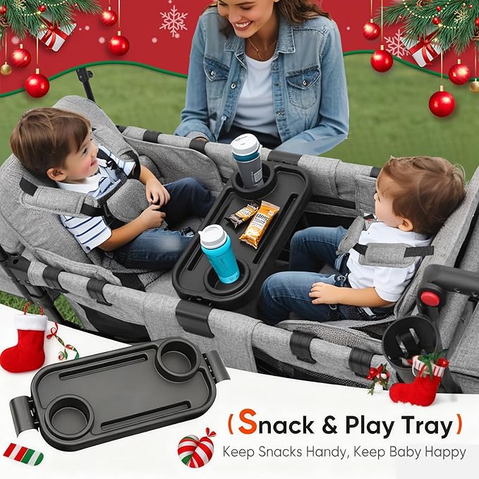 Sekey Wagon Stroller for 2 Kids, Luxury 4-in-1 Stroller Wagon - Premium Quality with Convertible Seats, Adjustable Push Handles, Removable Canopy, Snack Tray & Cooler, US Certified. Gray