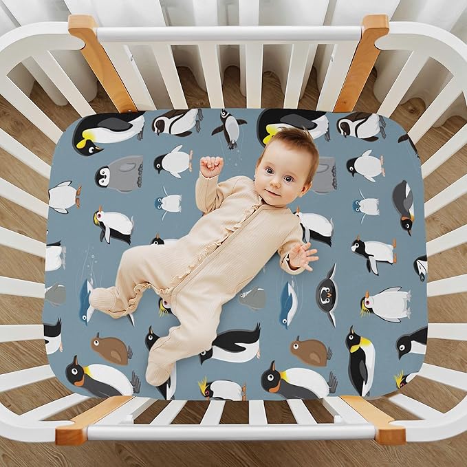 Penguin Birds Cute Crib Sheets Soft Breathable Fitted Baby Crib Sheets Mattress Cover for Girl Boys, 52" x 28" x 9"