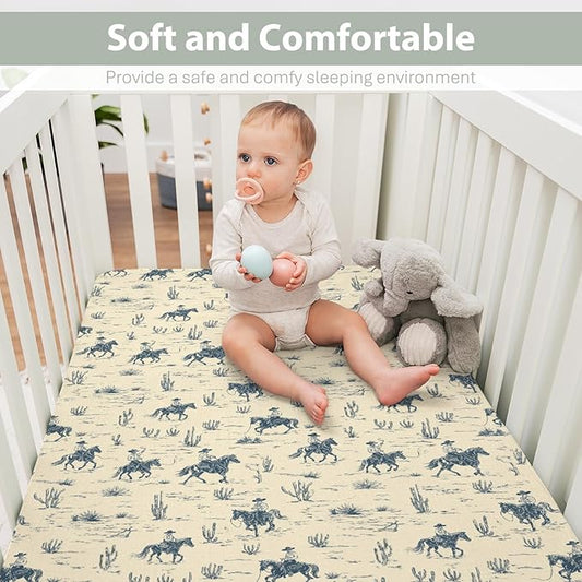 Vintage Western Cowboy Baby Crib Sheets for Boy Girl 28"x52" Retro Cowboy Horse Cactus Soft Stretchy Fitted Crib Mattress Cover Wild Desert Baby Sheet for Standard Crib & Toddler Mattress Pads