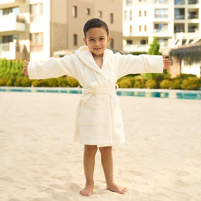 BAGNO MILANO Kids Organic Turkish Cotton Hooded Beach Cover-Up Towel, GOTS Certified, for Boys and Girls (Cream, 3-4 Years)