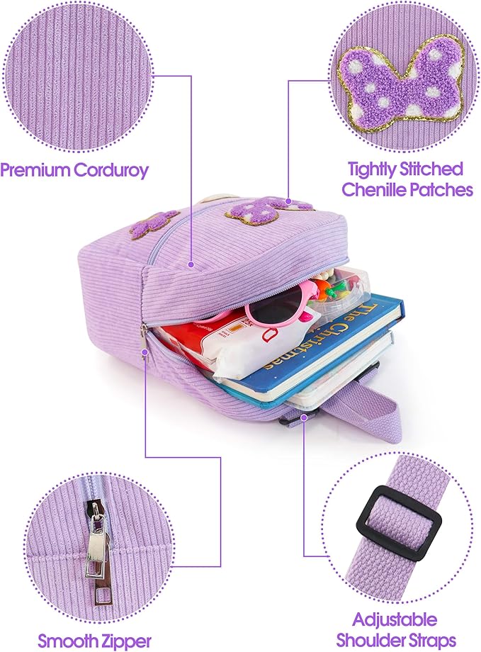 2 3 4 5 6 Year Old Girl Gifts Chenille Initial Mouse Bow Mini Backpack, Corduroy Toddler Backpacks Christmas Birthday Gifts for Girls 2-4 5-6, Purple Mini Diaper Bag Must Haves for Park Travel J