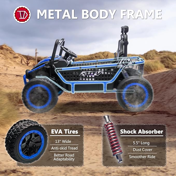 XXL 2 Seater Ride On Toys for Big Kids 24V Ride On Car with Remote Control 4WD Kids UTV with 22" Seat, Bluetooth, Music Player, EVA Rubber Tires, Spring Suspension, Blue